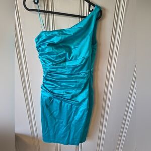 JAX Turquoise One Shoulder Ruched Dress